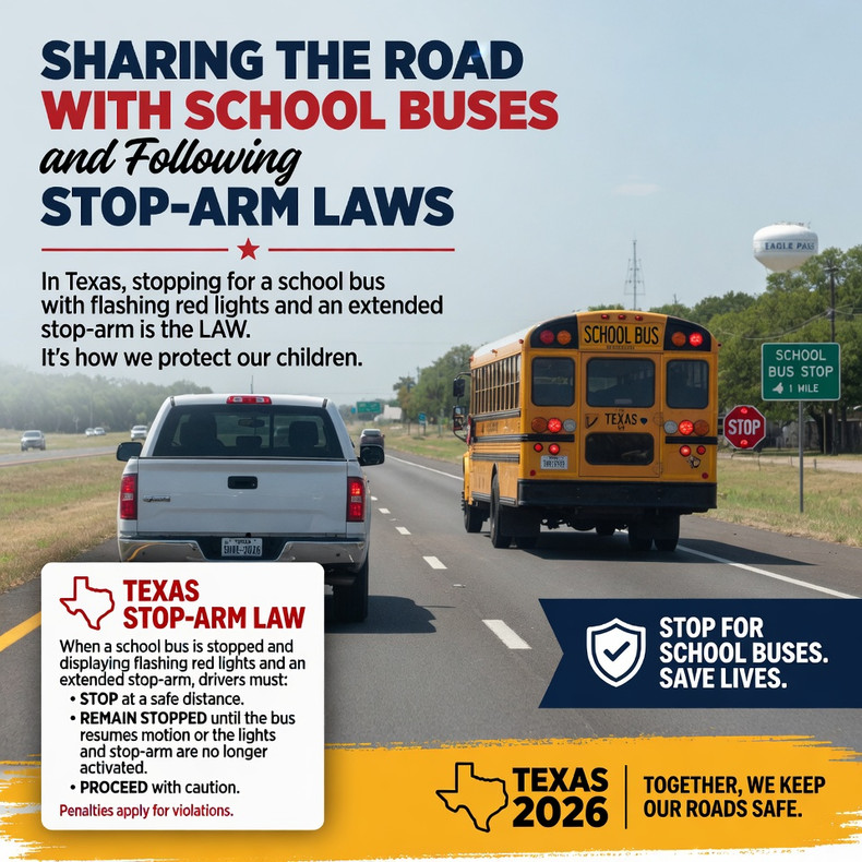 Sharing the Road with School Buses and Following Stop-Arm Laws in Texas 2026