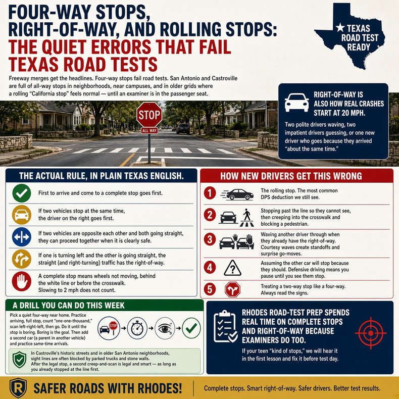 Four-Way Stops, Right-of-Way, and Rolling Stops: The Quiet Errors That Fail Texas Road Tests