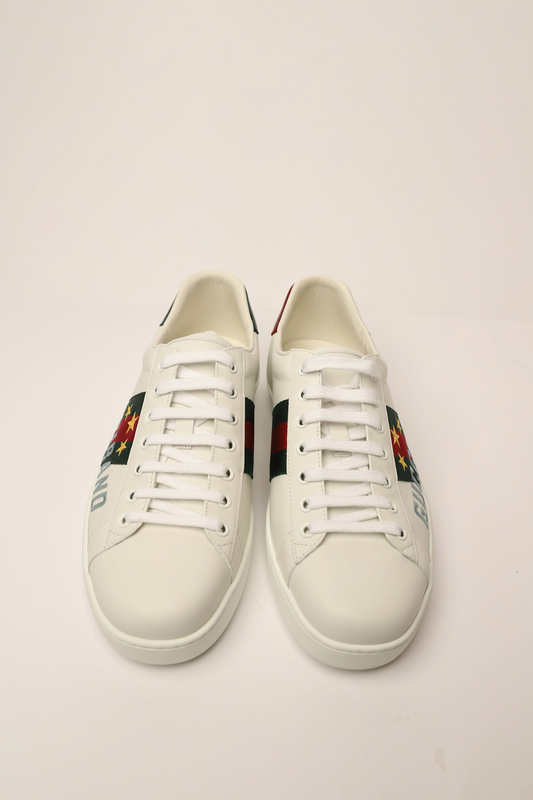 GUCCI ACE SNEAKERS WHITE LOW TOP SILHOUETTEE GREEN&RED WEB STRIPE WITH GUCCIBAND AND STAR EMBROIDERY FULL SET