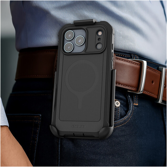 Encased Falcon Shield Case iPhone 17 Pro Max with Belt Clip Holster and Built-In PET Screen Protector - Black