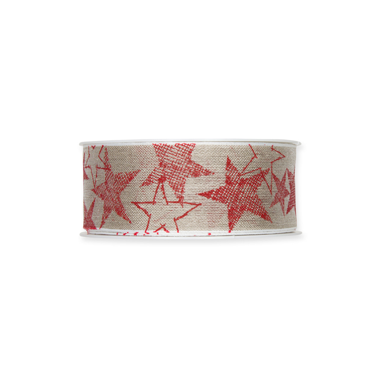 Linen Ribbon With Red Star Printed Motif 4cm/1.5 Inches Wide Natural
