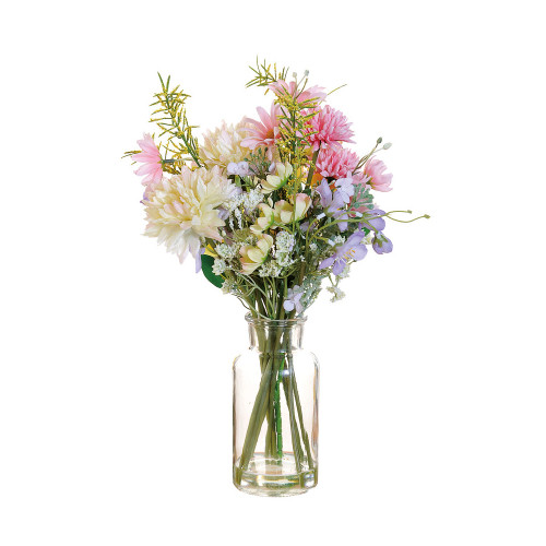 Artificial Silk Flower Bouquet in a Glass Vase 40cm Pastel Mix