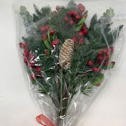 Christmas Eucalyptus, Pine, Foliage, Red Berry and Frosted Cone Bouquet