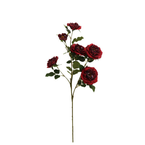 Faux Silk Open Rose Flower and Leaf Spray Red