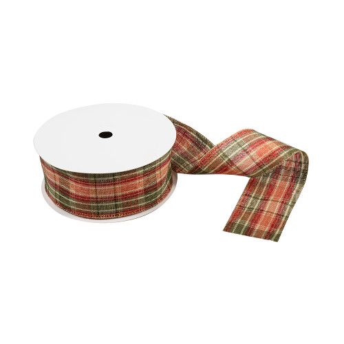 Natural Ribbon with Red, Green, Orange and Gold Tartan Design
