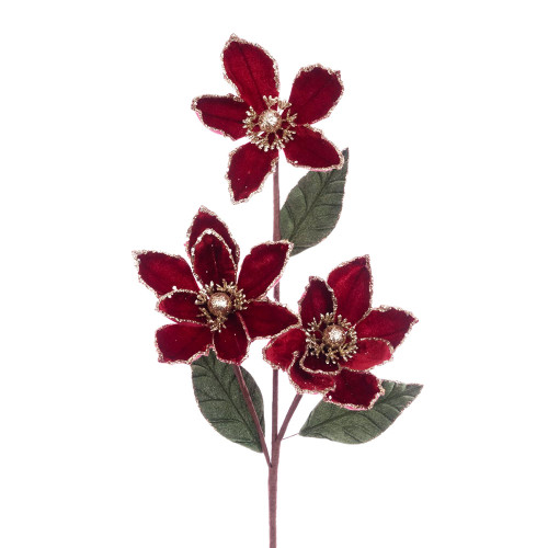 Rich Red Velvet Magnolia Spray with Gold Glitter Detail