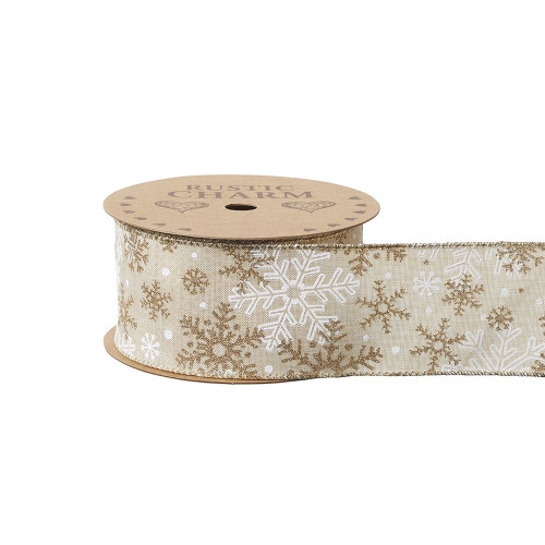 Gold Christmas Fabric Ribbon Wired Edge Snowflake Design
