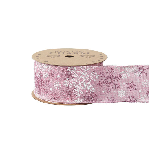 Pink Christmas Fabric Ribbon Wired Edge Snowflake Design