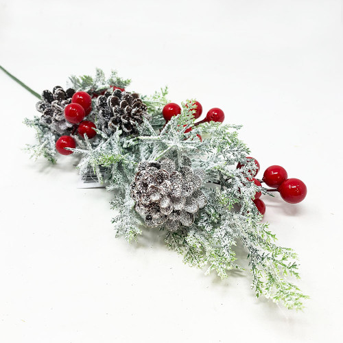 Frosted Artificial Pine Foliage, Cone and Red Berry Spray