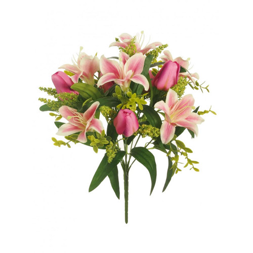 Mixed Spring Faux Silk Flower Bunch Lilies and Tulips Pink