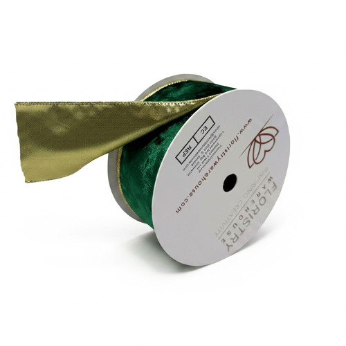 Wired Velvet Ribbon With Gold Edge and Back Green
