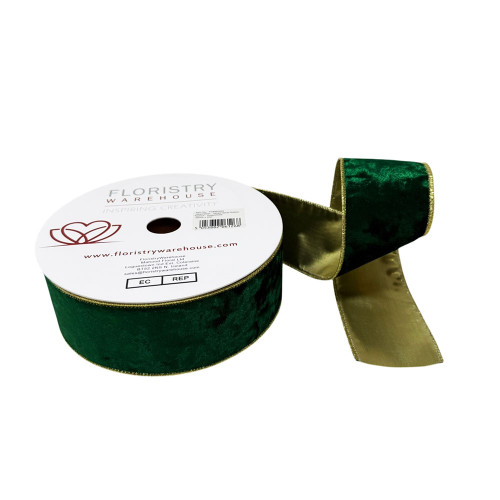 Wired Velvet Ribbon With Gold Edge and Back green