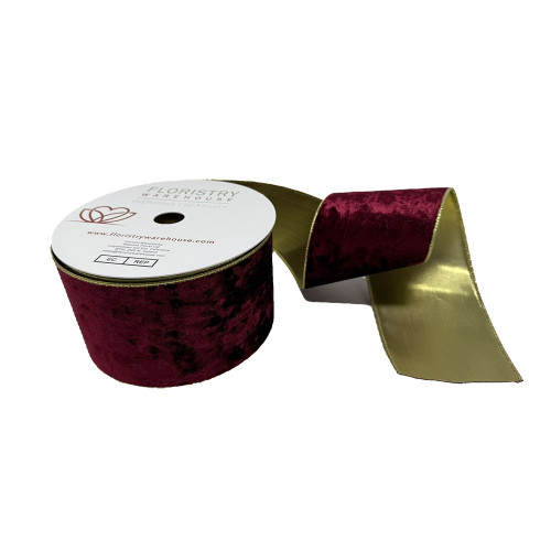 Wired Velvet Ribbon With Gold Edge and Back burgundy red