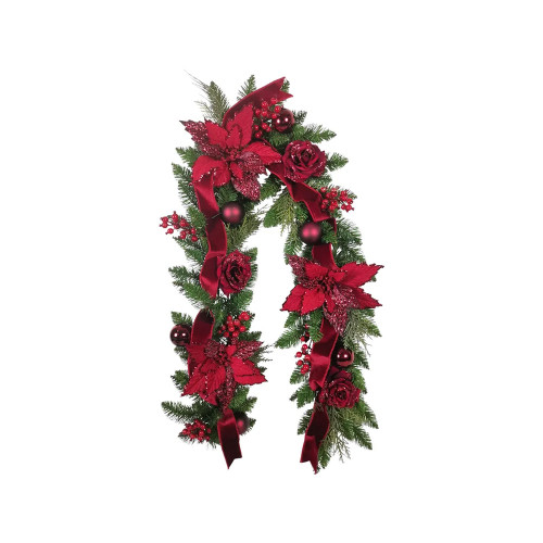 Artificial Glitter Rose, Poinsettia, Bauble and Velvet Ribbon Pine Garland