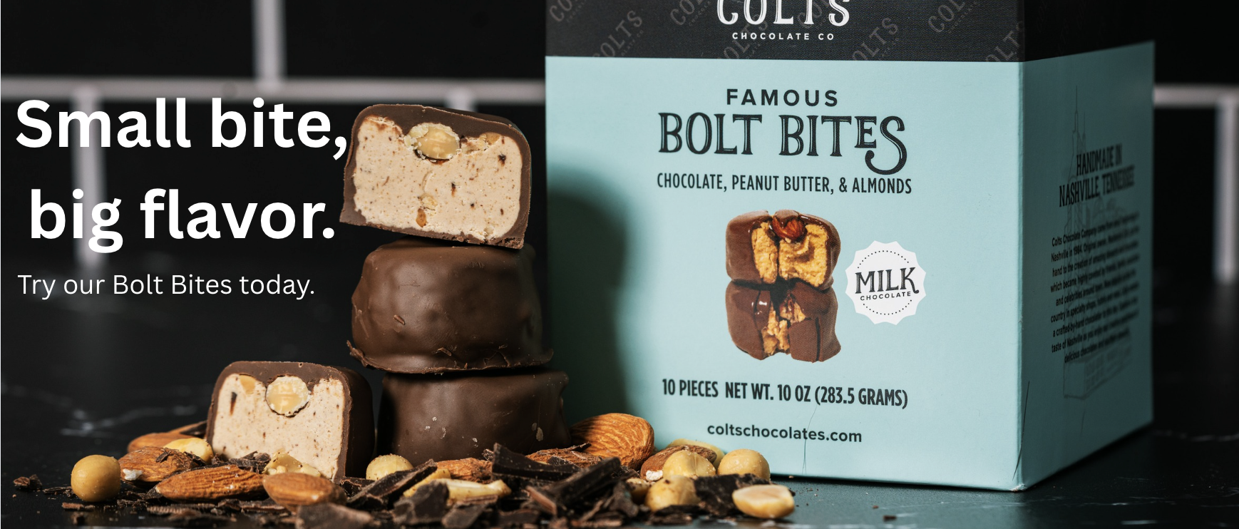 Bolt Bites next to their package with text reading &quot;Small bite, big flavor. Try our Bolt Bites today.&quot;