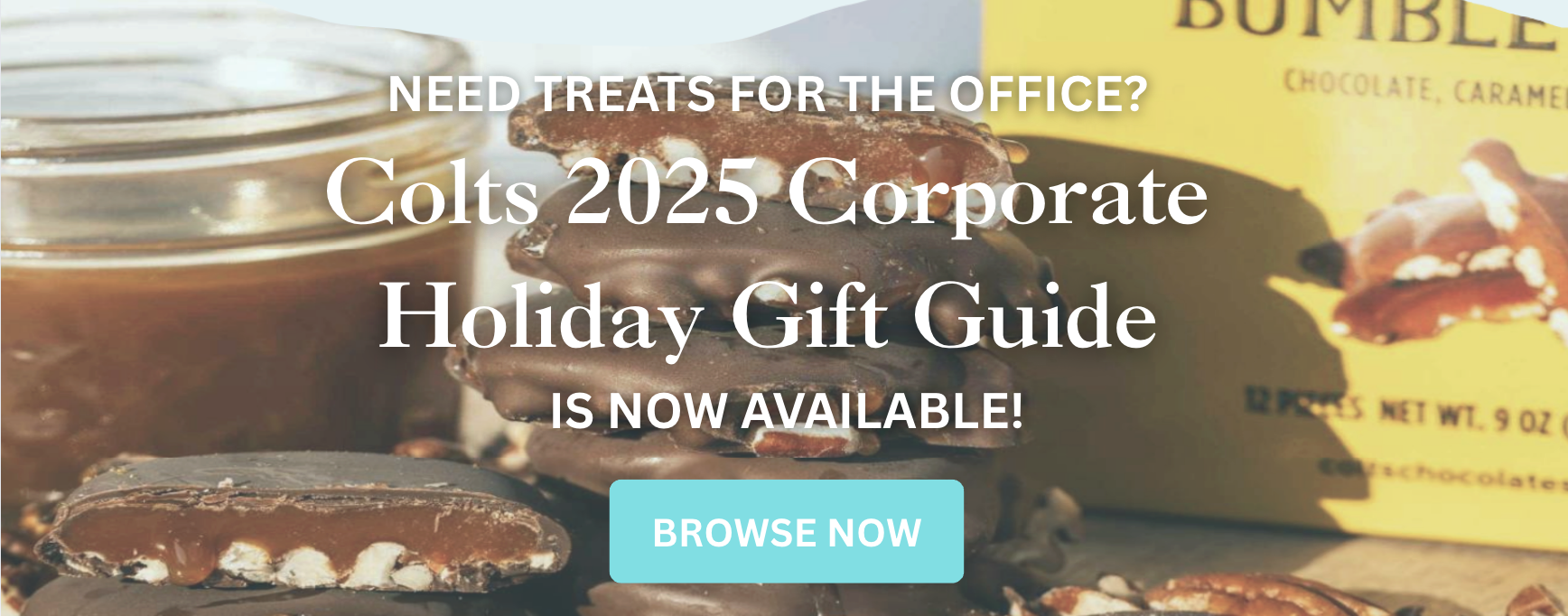 Marie McGhee&#039;s Bumble Bees with their packaging and a jar of honey, with text reading &quot;Need Treats for the Office? Colts 2025 Corporate Holiday Gift Guide&quot; Is Now Available!