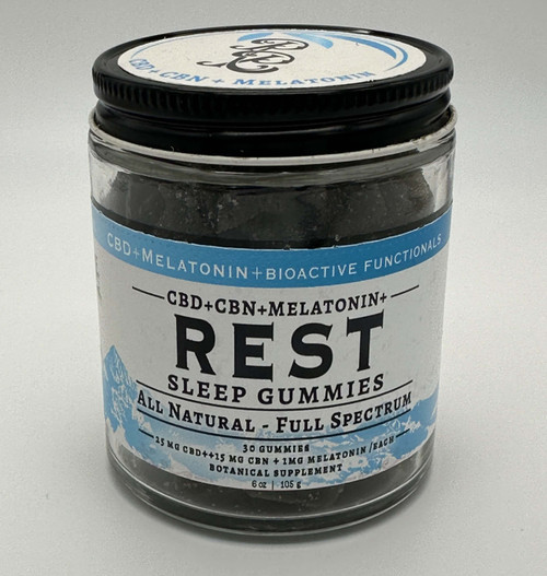 REST ~ CBD-CBN-D9 +L-theanine +Low-Dose Melatonin Sleep Gummies, with 25 mg CBD | 15 mg CBN |2.5mg D9 | 1mg Melatonin | 100 mg L-theanine / per gummy