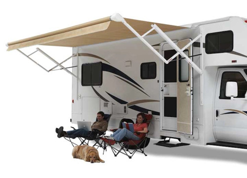 CAREFREE OF COLORADO ECLIPSE 12V POWER AWNING - 15 FT., OCEAN BLUE STRIPE VINYL, WHITE WEATHERGUARD|QJ158E00