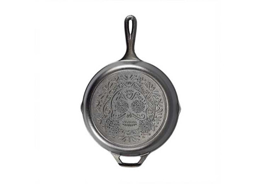 LODGE 10.25" CAST IRON SUGAR SKULL SKILLET W/ YELLOW DELUXE HANDLE HOLDER|L8SKULL