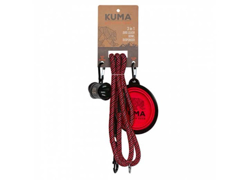 KUMA OUTDOOR GEAR 3 IN 1 DOG LEASH, COLLAPSIBLE BOWL, & WASTE BAG DISPENSER – RED/BLACK|857-KM-31DL-RB