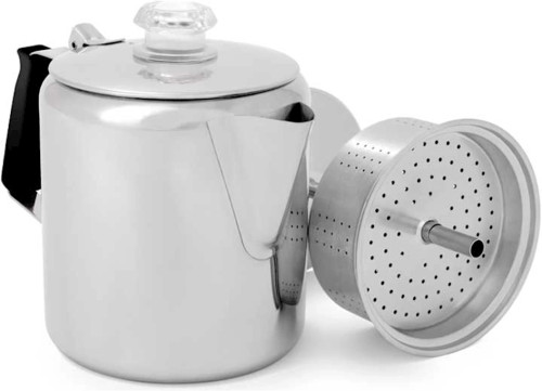 GSI OUTDOORS GLACIER STAINLESS COFFEE PERCOLATOR WITH SILICONE HANDLE 6 CUP|65206