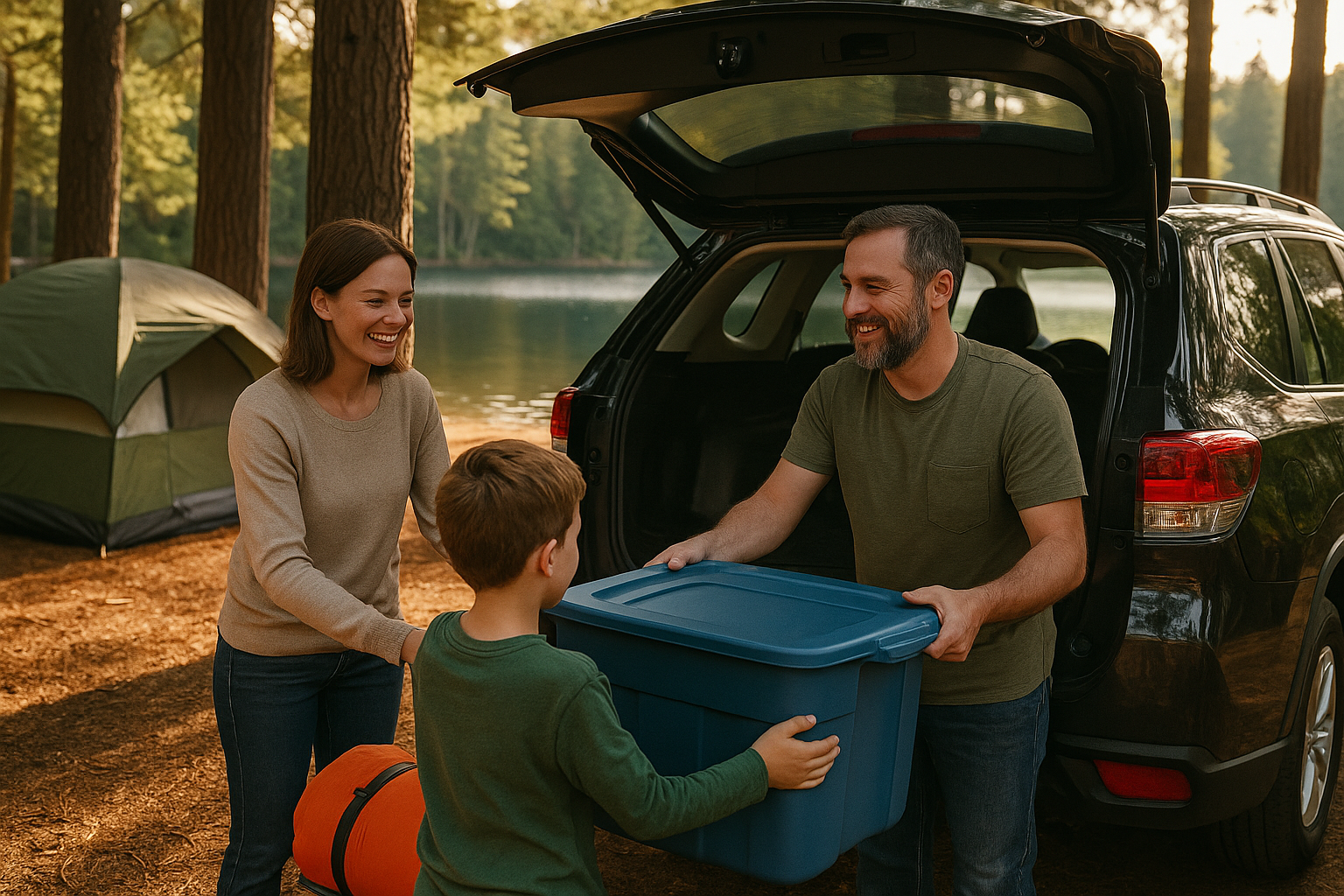 Family loading camping gear into an SUV by a lake