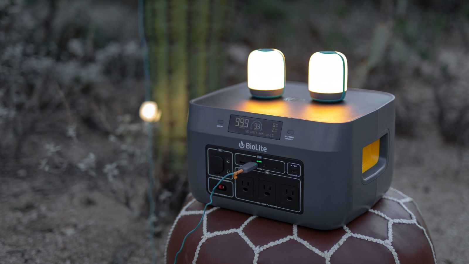 Portable power station on a campsite table