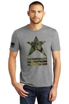 Grey Frost Tri blend t-shirt front. Star and Stripes logo. Flag on the right sleeve. Built on a Firm Foundation on the back. Tear away tag. Made of Polyester, Combed Ring Spun Cotton & Rayon. 50/25/25.