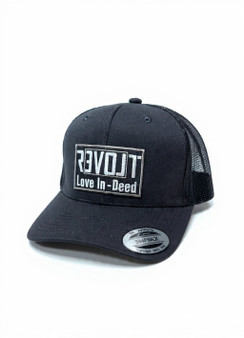 Black YuPoong Retro Trucker snapback hat with Love Revolt Clothing patch