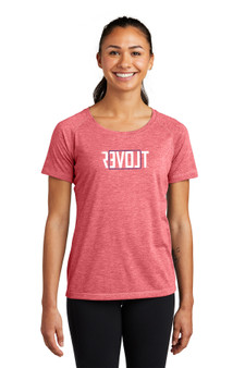 True Red Heather colored Tee Front with a red and white Love Revolt Logo.