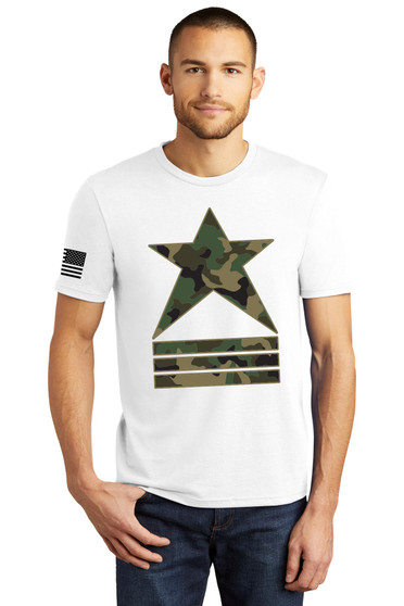 White Tri blend t-shirt front. Star and Stripes logo. Flag on the right sleeve. "Built on a Firm Foundation" on the back. Tear away tag. Made of Polyester, Combed Ring Spun Cotton & Rayon. 50/25/25.