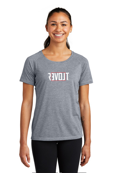 True Navy Heather colored Tee Front with a red and white Love Revolt Logo.