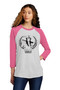 Pink & Heather White Premium Tri blend 3/4 sleeve raglan t-shirt. Front. Pink & Heather White Premium Tri blend 3/4 sleeve raglan t-shirt. Front.