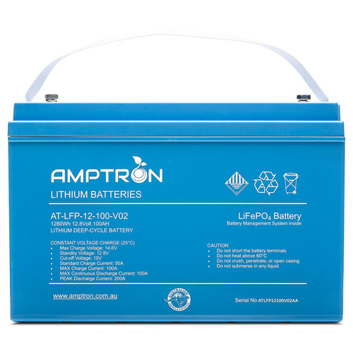 AMPTRON (AT-LFP-12-100AV02)12V 100Ah 100 amp continuous discharge Lithium LiFePO4 Battery