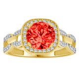 Halo Lady Ring Cushion Shape Red Color CZ Jul Yellow Gold 14k [R225-227]