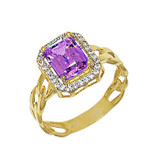 Halo Lady Ring Rectangular Purple Color CZ Jun Yellow Gold 14k [R226-037]