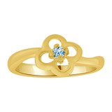 Mini Child or Pinky Ring Created Aqua CZ Four Leaf Clover Design Yellow Gold 14k [R256-603]