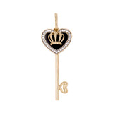 Heart Tiara Crown Love Key Pendant Black Resin CZ Yellow Gold 14k [P003-106]