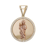 San Judas Jude Round Medal Pendant CZ 24mm Yellow and Rose Gold 14k [P019-108]