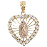 Virgin Mary Guadalupe Created CZ Heart Pendant 20.5mm Tricolor Gold 14k [P023-026]