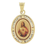 Color Image Over Gold Divine Christ Pendant Oval CZ 14mm Yellow Gold 14k [P024-030]