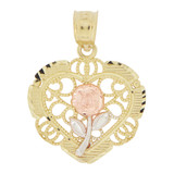 Heart Filigree Rose Flower Pendant Yellow and Rose Gold 14k [P029-006]