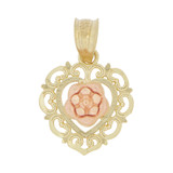 Mini Filigree Heart Rose Flower Pendant Yellow and Rose Gold 14k [P029-009]