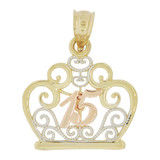 Tiara Crown Filigree 15 Pendant Quinceanera 19mm Tricolor Gold 14k [P035-034]