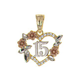 15 Anos Heart Quinceanera Pendant CZ Tricolor Gold 14k [P044-101]