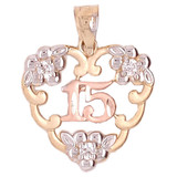 15 Anos Heart Flower Quinceanera Pendant CZ 20mm Tricolor Gold 14k [P045-021]