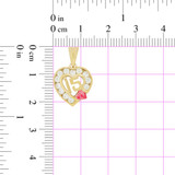 Heart 15 Anos Quinceanera Pendant Red White Jul CZ 14mm Yellow Gold 14k [P045-107]