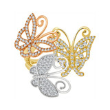 Fancy 3 Butterflies Pendant CZ 28mm Tricolor Gold 14k [P050-049]