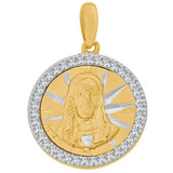 Sacred Heart Christ Medal Pendant CZ Round 15mm Yellow and White Gold 14k [P068-015]