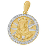 Sacred Heart Christ Medal Pendant CZ Round 17.5mm Yellow and White Gold 14k [P068-016]